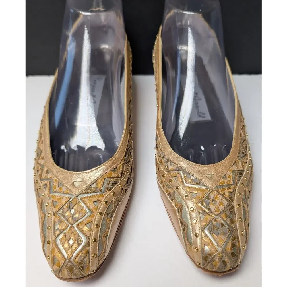 Vtg Margaret Jerrold Pointed Toe Pumps WOMENS 9.5N Gold Silver Art Deco Spain